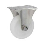 Rueda PP blanco 100 mm c/ horq. acero inox. base fija (c/ buje)
