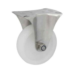 Rueda PP blanco 100 mm c/ horq. acero inox. base fija (c/ buje)