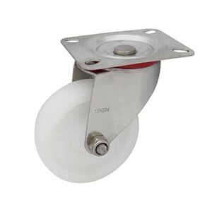 Rueda PP blanco 100 mm c/ horq. acero inox. base girat. (c/ buje)