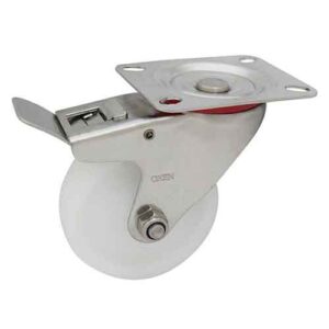 Rueda PP blanco 100 mm c/ horq. acero inox. base c/ freno (c/ buje)