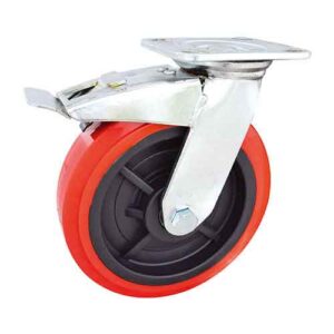 Rueda PP / PVC rojo 125 mm base gir. con freno (2 rulemanes)